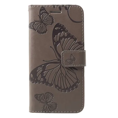 For Samsung Galaxy S10e Wallet Case Floral Butterfly Imprinted Leather Phone Cover Stand - Grey