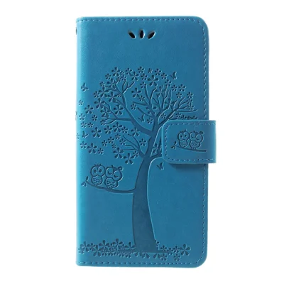 Imprint Tree Owl Pattern PU Leather Stand Cell Phone Case for Samsung Galaxy S10 - Blue