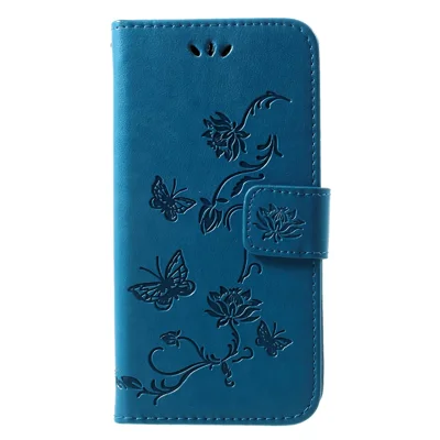 Imprint Butterfly Flower Wallet Stand Leather Cell Phone Case for Samsung Galaxy S10e - Blue