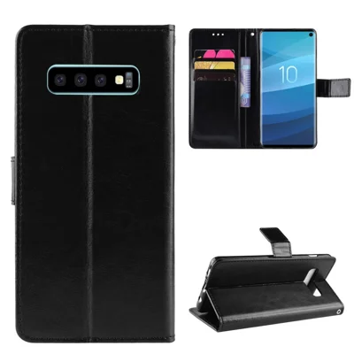 Crazy Horse Stand Leather Flip Case with Strap for Samsung Galaxy S10 - Black