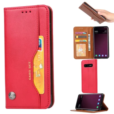 PU Leather Auto-absorbed Stand Wallet Phone Cover for Samsung Galaxy S10 - Red