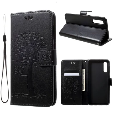 Imprint Tree Owl Wallet Stand Leather Phone Casing for Samsung Galaxy A50 / A50s / A30s - Black