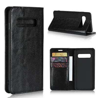Crazy Horse Genuine Leather Wallet Stand Phone Shell for Samsung Galaxy S10 - Black