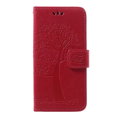 Imprint Tree Owl Leather Wallet Case for Samsung Galaxy A40 - Rose