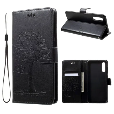 For Samsung Galaxy A70 Imprint Tree Owl Leather Wallet Stand Mobile Cover - Black