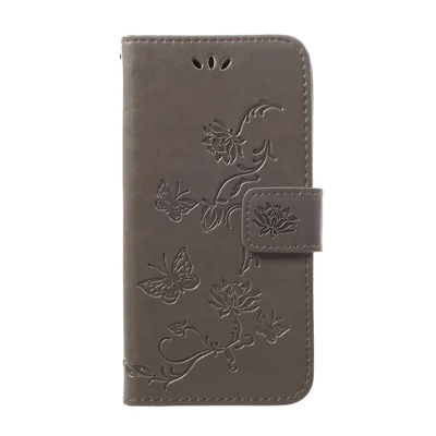 Imprint Butterfly Flower Stand Wallet Leather Shell Case for Samsung Galaxy A40 - Grey