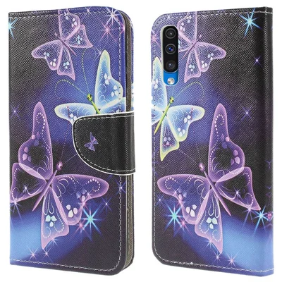 Pattern Printing Cross Texture PU Leather Wallet Flip Casing for Samsung Galaxy A50 / A50s / A30s - Vivid Butterflies