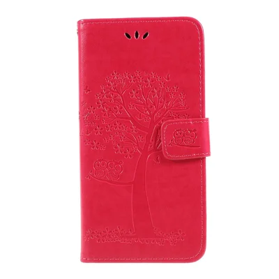 Afdruk Boomuil Magnetische Portemonnee PU Leren Cover met Standaard voor Samsung Galaxy A10 - Rood