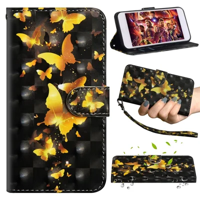 [Light Spot Decor] Patterned Leather Protection Cover for Samsung Galaxy A70 - Gold Butterflies