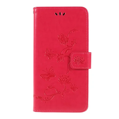 Imprint vlinder bloem PU lederen flipstandaard telefoonhoesje voor Samsung Galaxy A10 - Roze