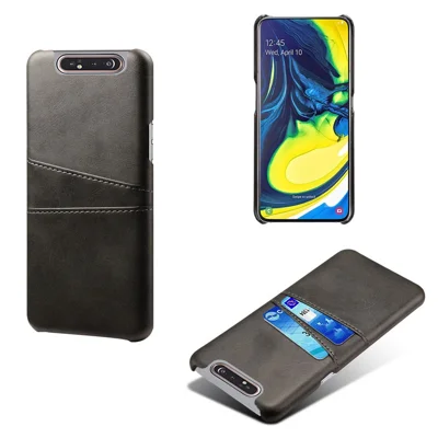 Double Card Slots PU Leather Coated PC Case for Samsung Galaxy A80 - Black