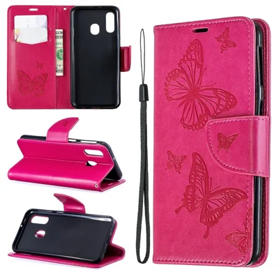 For Samsung Galaxy A40 PU Leather Imprint Butterflies Phone Case - Rose