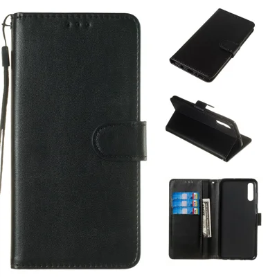 Solid Color Leather Wallet Stand Phone Case Cover for Samsung Galaxy A70 - Black