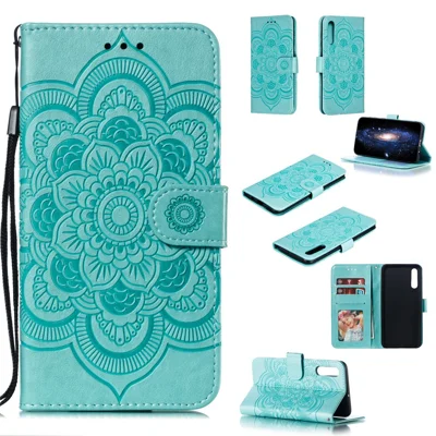 Imprint Mandala Flower Stand Кожа Кожа Для Samsung Galaxy A70 - Голубой