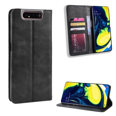 Auto-absorbed Vintage Style PU Leather Wallet Case for Samsung Galaxy A80 / A90 - Black
