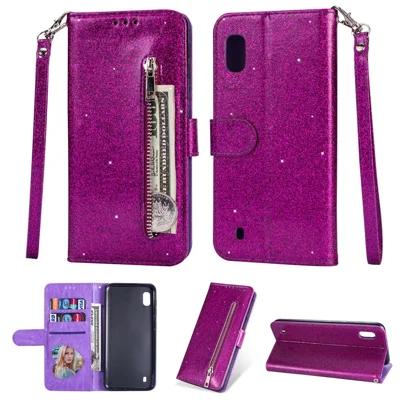 Glitter Poeder Rits Opstaande Lederen Portemonnee Hoes met Band voor Samsung Galaxy A10 - Paars