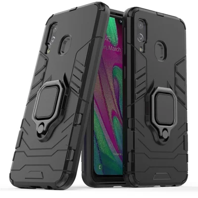 Cool Guard Ring Holder Kickstand PC TPU Hybrid Case for Samsung Galaxy A40 - Black