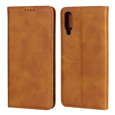 Auto-absorbed Leather Wallet Stand Cover for Samsung Galaxy A70 - Brown