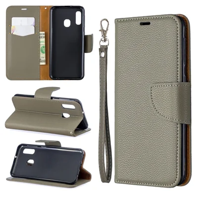 Litchi Skin Leather Wallet Case for Samsung Galaxy A20e - Grey