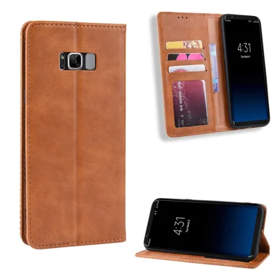Auto-absorbed Vintage Leather Wallet Stand Shell for Samsung Galaxy S8 - Brown