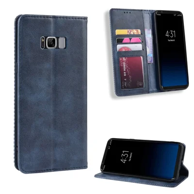 Cáscara De Soporte De Cuero Vintage Absorbido Automático Para Samsung Galaxy S8 - Azul