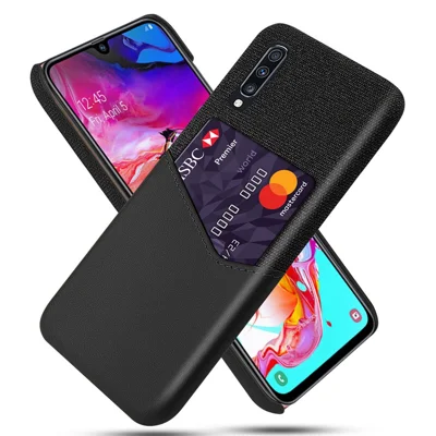 Phone Shell PC + PU + Cloth Hybrid Back Casing with Card Slot for Samsung Galaxy A70 - Black