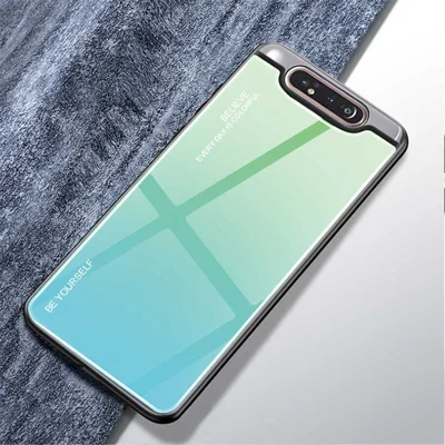 Gradient Color Tempered Glass + PC + TPU Hybrid Case for Samsung Galaxy A80/A90 - Cyan / Blue