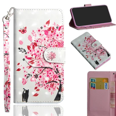 3D Printing Surface PU Leather with Wallet Cell Shell for Samsung Galaxy Note 10 / Note 10 5G  Plus / 10 Plus 5G - Cat and Flowered Tree