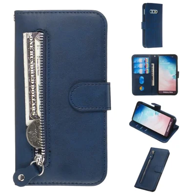 Zipper Pocket Magnetic Leather Wallet Case for Samsung Galaxy S10e - Blue