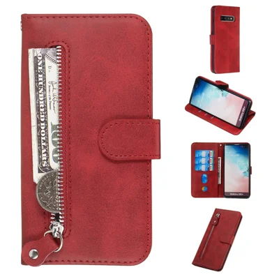 Zipper Wallet Leather Stand Protective Phone Casing with Stand for Samsung Galaxy S10 Plus - Red