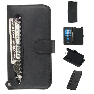 Zipper Pocket Wallet Stand Flip Leather Phone Cover for Samsung Galaxy A80/A90 - Black