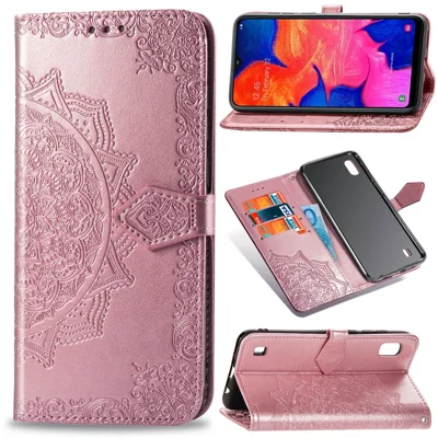 In reliëf uitgebeeld mandala bloem portemonnee lederen hoes voor Samsung Galaxy A10 - Roze