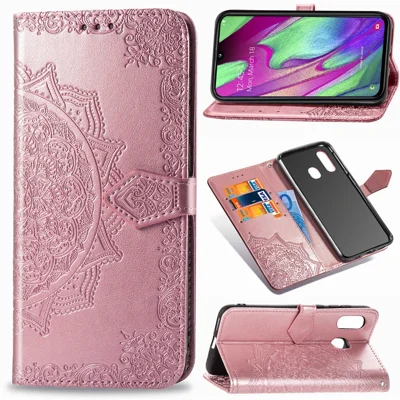 Embossed Mandala Flower Leather Wallet Case for Samsung Galaxy A40 - Rose Gold