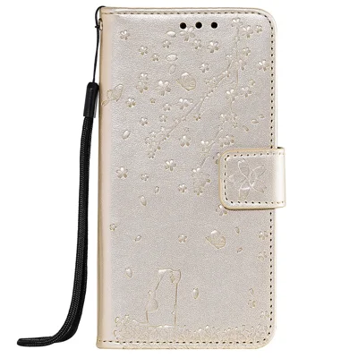 Imprint Sakura Cat Cell Phone Leather Wallet Case for Samsung Galaxy S10e - Gold