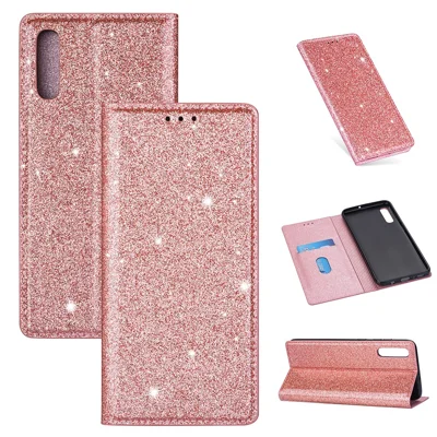 Flash Powder Leather Stand Case with Card Slot for Samsung Galaxy A50 - Rose Gold