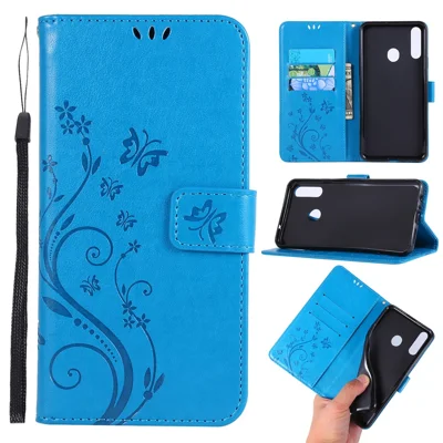 Imprint Butterflies Wallet Stand Flip Leather Protective Case for Samsung Galaxy A20s - Dark Blue