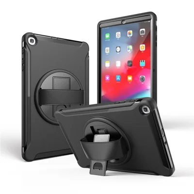 360° Swivel Kickstand PC + TPU Hybrid Tablet Case with Hand Strap for Samsung Galaxy Tab A 10.1 (2019) SM-T510/T515 - Black