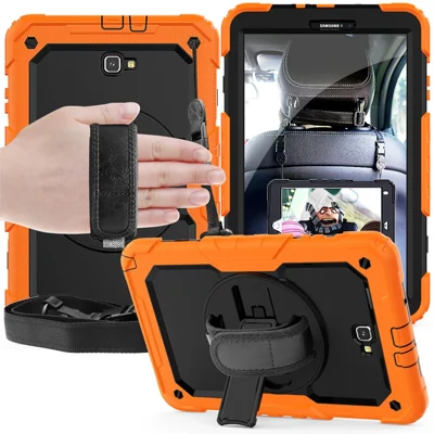 Handy Strap PC Silicone Kickstand Case with Shoulder Strap + Screen Protector for Samsung Galaxy Tab A 10.1 (2016) T580 - Orange/Black