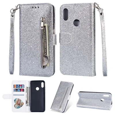 Glitter Powder Zippered Stand Leather Wallet Case with Strap for Samsung Galaxy A10s - Silver