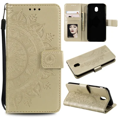 Imprint Flower PU Leather Wallet Case for Samsung Galaxy J3 Pro (2017) / J3 (2017) EU Version - Gold