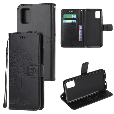 Imprint Tree Owl Leather Wallet Stand Phone Shell for Samsung Galaxy A71 - Black