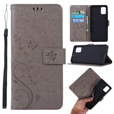 Imprint Butterflies Wallet Stand Flip Leather Phone Shell for Samsung Galaxy A51 - Grey