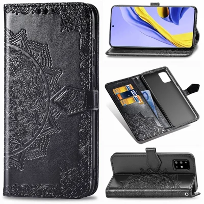 Embossed Mandala Flower Leather Wallet Covering Case for Samsung Galaxy A51 - Black