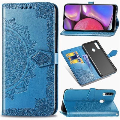 Embossed Mandala Flower Wallet Stand Leather Phone Case for Samsung Galaxy A20s - Blue