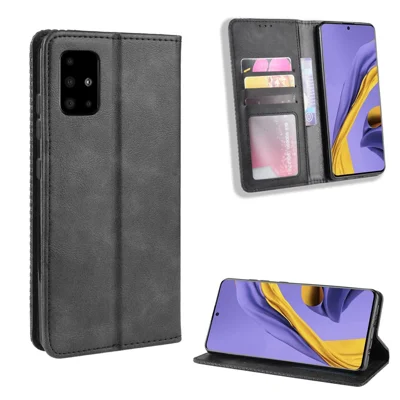 Vintage Style Leather Wallet Phone Case for Samsung Galaxy A71 A715 - Black