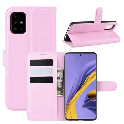 Litchi Skin PU Leather Wallet Phone Case Magnetic Closure Shockproof Flip Stand Cover for Samsung Galaxy A51 4G - Pink