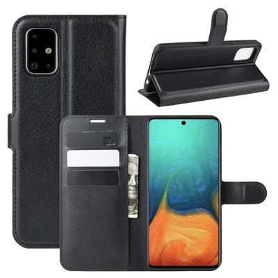 Litchi Skin Leather Wallet Case for Samsung Galaxy A71 Adjustable Stand Design Phone Case - Black