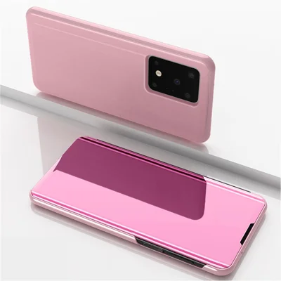 Espelho Eletrolítico Janela de Visualização Estojo de Couro Stand para Samsung Galaxy S20 Ultra - Ouro Rosa