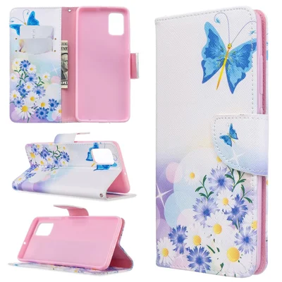 Pattern Printing Leather Wallet Case for Samsung Galaxy A51 - Blue Butterfly and Flowers