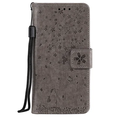 Imprint Flower Pattern Leather Wallet Stand Mobile Cover Case for Samsung Galaxy A51 - Grey